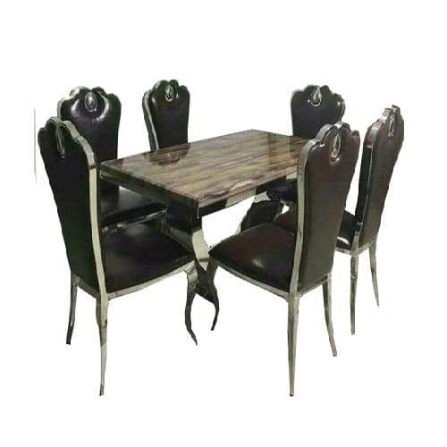 Marble Top 6 Seater Dining Set brown and Silver - Image 3