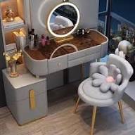 Round Dressing Mirror With A Modern Desk And Chair
