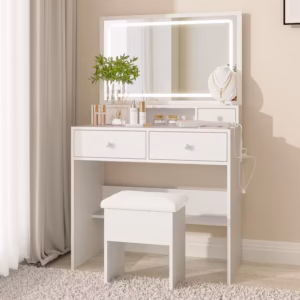 White & Brown Wooden-Dressing Table with Mirror and Drawers