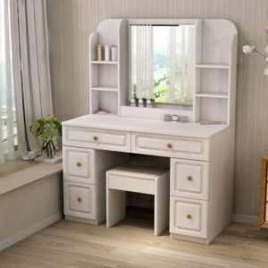 White & Brown Wooden-Dressing Table with Mirror and Drawers
